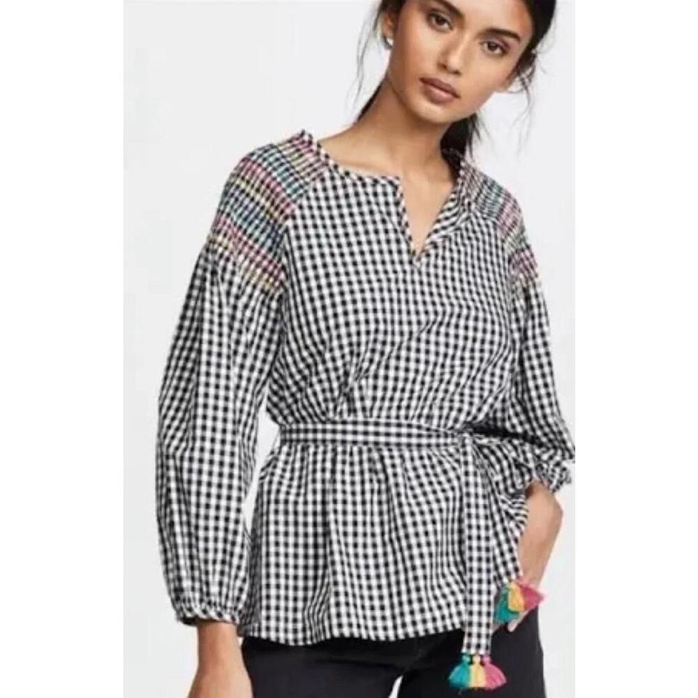 Madewell Smocked Gingham Peasant‎ Top Sz XXS Tassel Belt Festive Long Sleeve